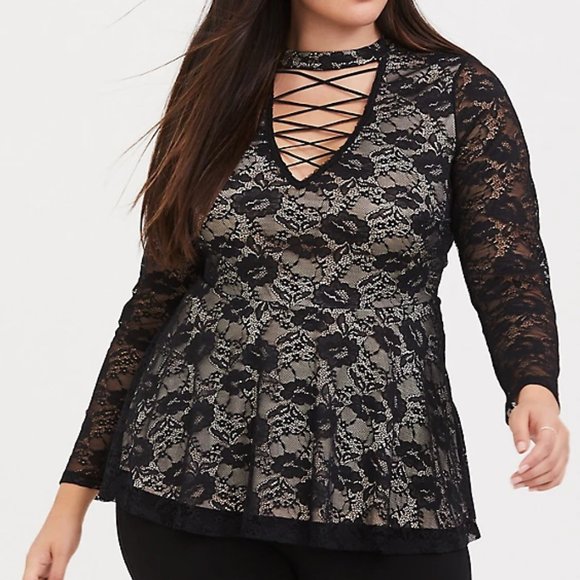 torrid Tops - Torrid Black Lace Lattice Peplum Top Floral Choker